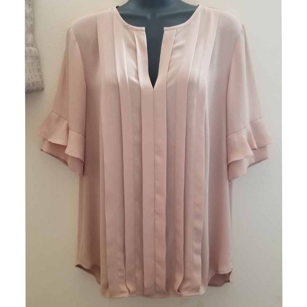 Ann Taylor Tan Pleated Ruffle Sleeve Crepe Blouse